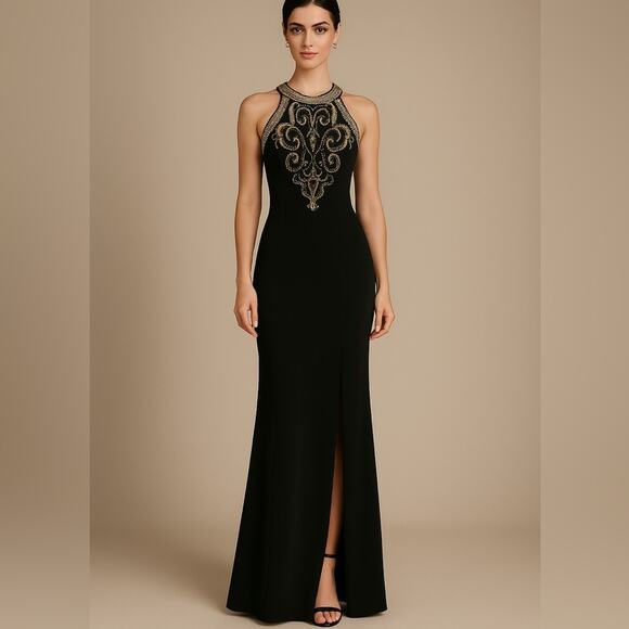 Alyce Designs Black Beaded Halter Neck Gown – Labeled 8, Fits Like 2 Y2K Glam - Picture 1 of 11